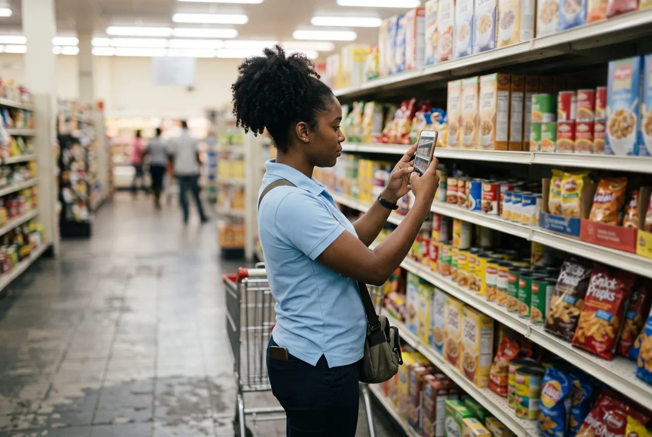 Field auditor photographing a shelf of consumer goods during a store check