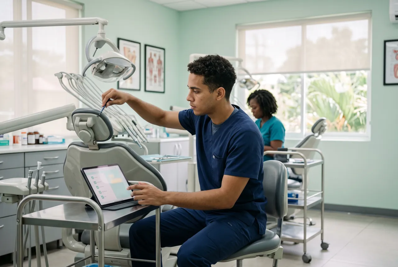Service technician maintaining equipment in a dental clinic