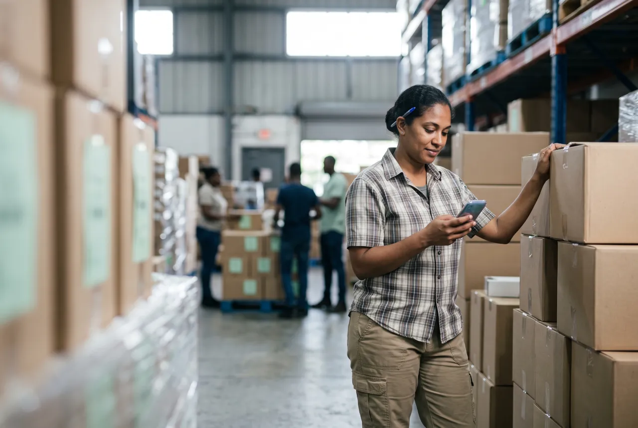 Distribution team member checking stock in a warehouse aisle