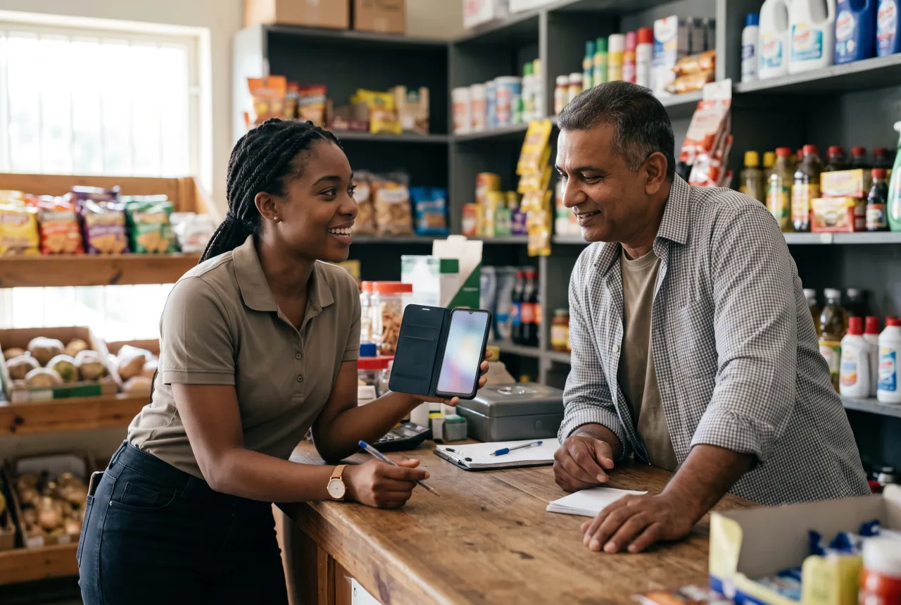 Sales rep talking with a shop owner during a customer visit